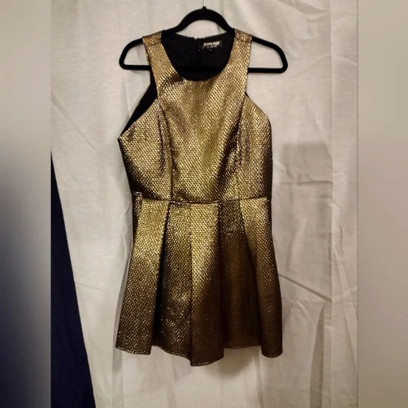 knee length dresses for ladies Ivy Blue & Gold Metallic Skater Dress – Girl In Mind main image 1